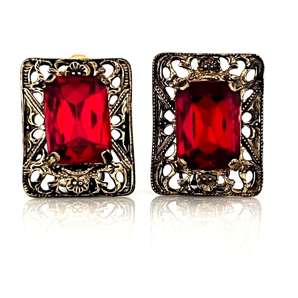 Vintage 1950s Clip Earrings Art Deco Revival Red Czech Glass Mid Century - 4W